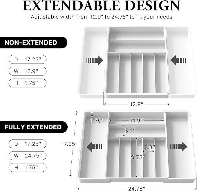 Simple Houseware Expandable Kitchen Drawer Flatware Organizer, White | Expandable & Adjustable Cutlery Drawer Organizer - Large Utensil and Flatware Tray for Kitchen Drawers - Image 3
