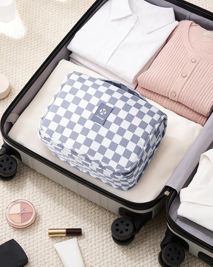 Narwey Small Hanging Travel Toiletry Bag for Traveling Women, Checkered Travel Bag for Toiletries, Makeup Bag Organizer Make Up Cosmetic Bags, Gifts for Kids Teen Girls (Grayish Blue Checkerboard) - Image 7