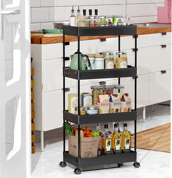 SPACEKEEPER Storage Cart 4-Tier, Bathroom Rolling Cart Utility Storage Organizer Shelf Mobile Shelving Unit for Kitchen Living Room Bathroom Laundry Room & Dressers, Black | Mobile Storage Cart for Laundry Room Organization,Kitchen,Office,Bathroom, Uti... - Image 7