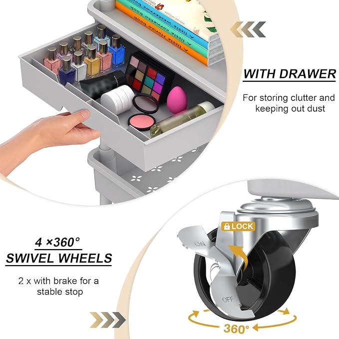 Goovilla 3 Tier Rolling Utility Cart Organizer with Removable Drawer, Grey | Stable and Sturdy Rolling Storage Carts with 2 Lockable Wheels for Bathroom, Kitchen, Snack, Craft, Makeup, Baby Essentials - Image 2