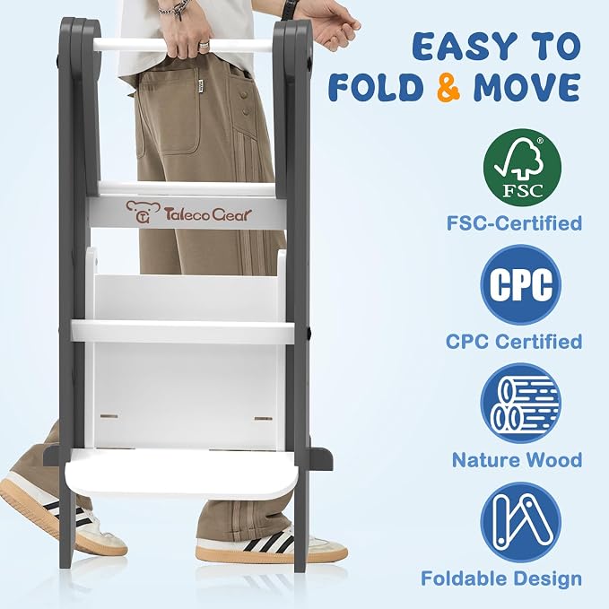 Foldable Toddler Tower, 3 Adjustable Height, Toddler Kitchen Stool Helper | Wooden Standing Tower with Safety Net ,Safety Feet,for Kitchen, Bathroom, Study Room,Offer Customer Service - Image 3