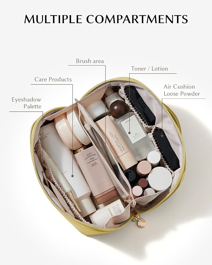 EACHY Travel Makeup Bag for Women, Flat Open Cosmetic Bag, Green, Medium | PU leather organizer with flat-open access, storage pockets and clear TPU brush compartment for daily makeup and toiletries - Image 2