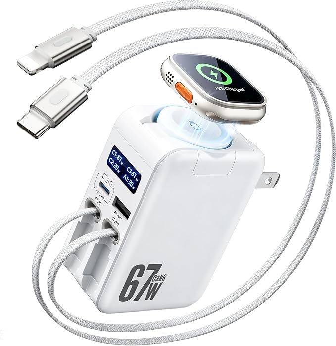 5-in-1 67W Retractable USB-C Wall Charger, for Apple Watch & iPhone & iPad | Smart Display, GaN Fast Charging, Retractable Charger, iWatch Pad, Foldable Plug, Travel-Ready, 2 Built-in Cables & 2 Ports by HATALKIN
