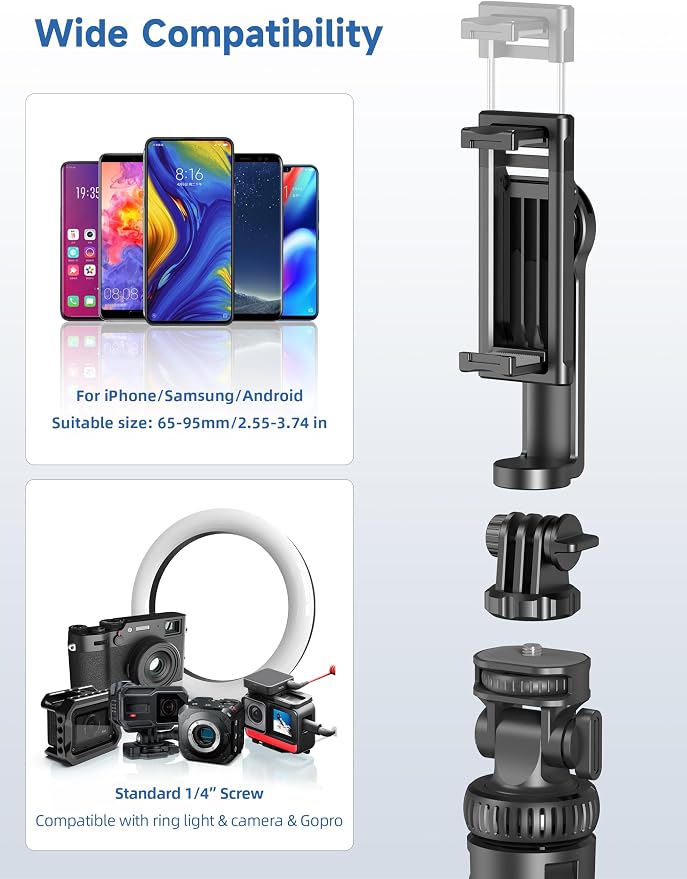 75" Phone Tripod, Selfie Stick with Remote and Phone Holder, Extendable Tripod for iPhone, Aluminum Cellphone TripodStand 360° Rotation Travel Tripods Compatible with iPhone Android, GoPro - Image 5