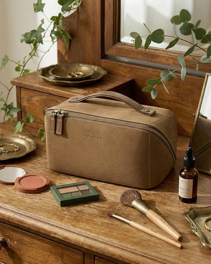 EACHY Travel Makeup Bag for Women, Faux Suede Cosmetic Bag, Khaki, Medium | Faux suede organizer with flat-open access, clear TPU brush pocket and carry handle for daily makeup, toiletries and travel - Image 6