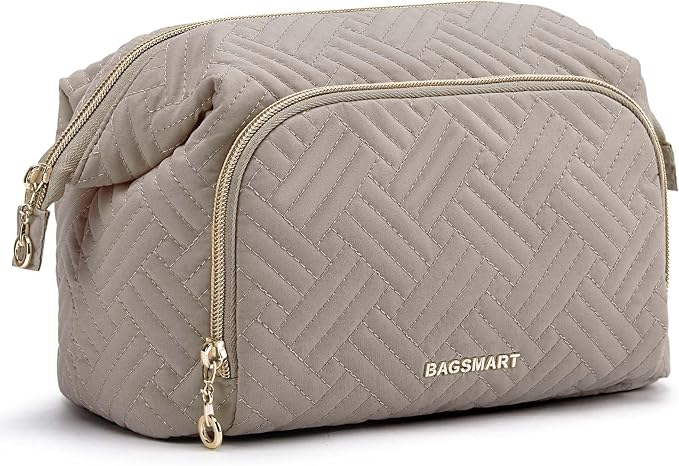 BAGSMART Travel Makeup Bag, Cosmetic Bag Small Make Up Organizer Case,Wide-open Pouch for Women Purse for Toiletries Accessories Brushes,Large Tranquil Gray by BAGSMART