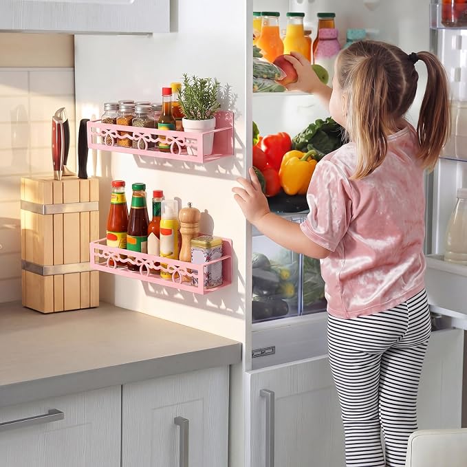 Beeveer 2 Pcs Magnetic Spice Rack for Refrigerator, Pink Bow | Magnetic, No Drilling, Pink Bow Kitchen Decor, Pink Home Accessories, 2 Sizes Metal Storage Shelf for Fridge Spices - Image 5