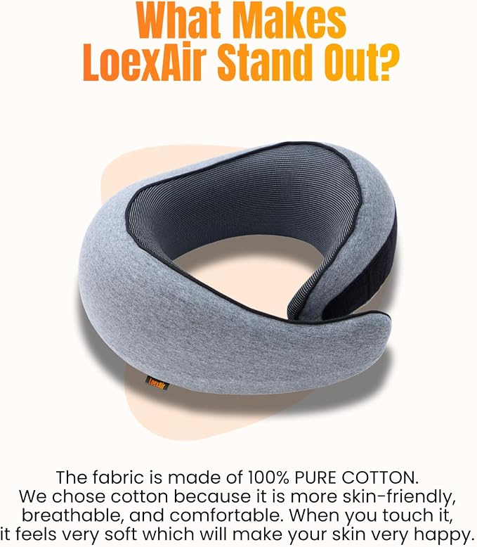 LOEXAIR™ Travel Pillow, Neck Pillow Travel for Airplane, Car - 100% Cotton Fabric & Memory Foam Plane Pillow, Lightweight & Easy-to-Carry on Flight, Full Travel Set (Eye Mask, Earplugs) - Light Grey - Image 8