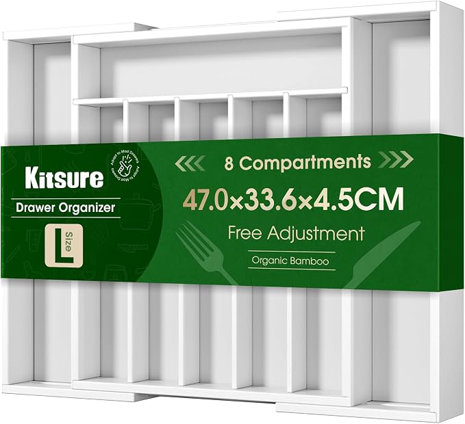 Kitsure Silverware Organizer, Bamboo Kitchen Drawer Tray, White, Large | Expandable Drawer Kitchen Organizer, Cooking Utensils & Cutlery, Sturdy & Thickened Design, Storage Solution by Kitsure