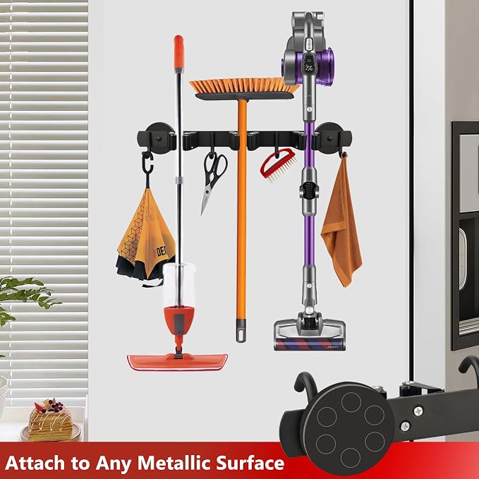 ULIBERMAGNET Magnetic Mop Broom Holder,Heavy Duty Movable Magnetic Broom Holder Rack,Anti-slip Wall Mounted Utility Storage Mop Shovel Hanger for Garage, Kitchen, Laundry, Garden(3 Racks / 4 Hooks) - Image 4