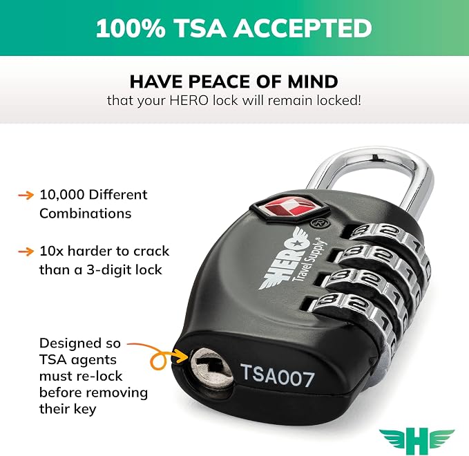 Hero Luggage Lock (Pack of 4) TSA Approved, 4 Digit Combination Padlock for Travel, Suitcases, Lockers, Backpacks - Image 2