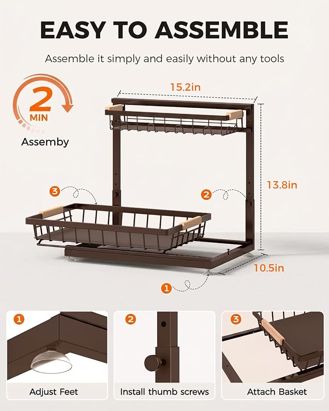 2-Pack 2-Tier Height Adjustable Under Sink Organizer & Storage | Multi-purpose storage for kitchen & bathroom cabinet. Extra Large brown shelf, height adjustable design for space-saving. - Image 9