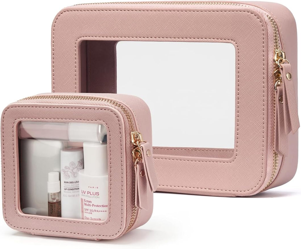 Clear Makeup Bag with Zipper, Set of 2, Mini and Medium, Mauve Pink | Clear Travel Bags for Toiletries, Structured Cosmetic Case for Women, Waterproof PU Leather, Wide Open Portable Car Organier by POPVIBE