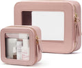 Clear Makeup Bag with Zipper, Set of 2, Mini and Medium, Mauve Pink | Clear Travel Bags for Toiletries, Structured Cosmetic Case for Women, Waterproof PU Leather, Wide Open Portable Car Organier by POPVIBE