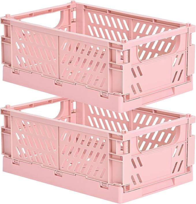 HUUSMOT 2-Pack Collapsible Plastic Storage Baskets, Pink, 9.8"x6.5"x3.8" | Pastel, Space-Saving, Collapsible Plastic Bins, Cute Mini Storage Crates, for Classroom, Kitchen, Office, Bedroom by HUUSMOT