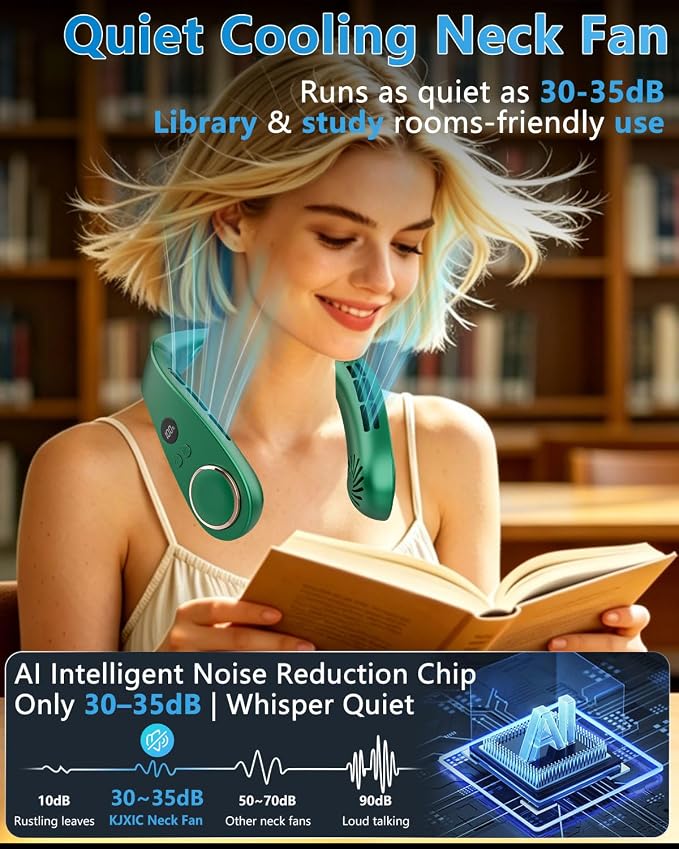 Neck Fan with Cooling Plate-24H Quiet Powerful Fans that Blow Cold Air-5 Speed&Power LED Display-USB 5500mAh Bladeless Wearable Personal AC Cooler for Women,Men,Kids,Travel,Outside,Indoor Green - Image 4