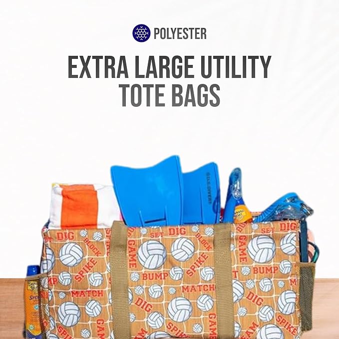 Extra Large Utility Tote Bag - Oversized Collapsible Reusable Wire Frame Rectangular Canvas Basket With Two Exterior Pockets For Beach, Pool, Laundry, Car Trunk, Storage - Volleyball - Image 7