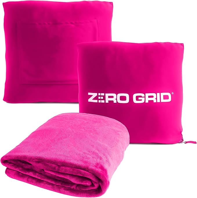 Zero Grid Lightweight Airplane & Travel Blanket with Foot Pockets, Hot Pink | Compact Wearable Blanket with Neck Snaps, Zips & Converts to Soft Pillow for Ultimate Comfort by ZeroGrid