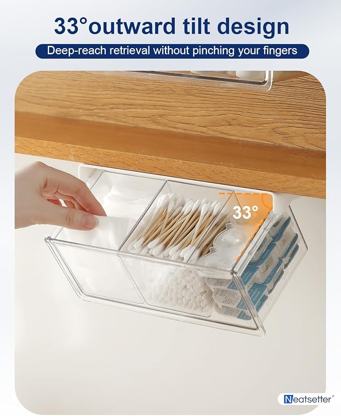 Hanging Cabinet Organizer – 33° Tilted Under Desk Drawer & Bathroom Storage – Self-Adhesive Clear Pull-Out Bins for Kitchen, Office & Vanity (Large) - Image 2
