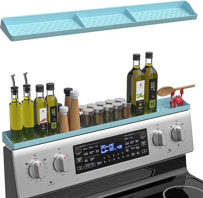 Stove Top Shelf 30 Inch - Silicone Material Magnetic Shelf for Stove -Blue | 3 Functional Partitions,Heat Resistant Kitchen Spice Rack Organizer by Weiwavivi
