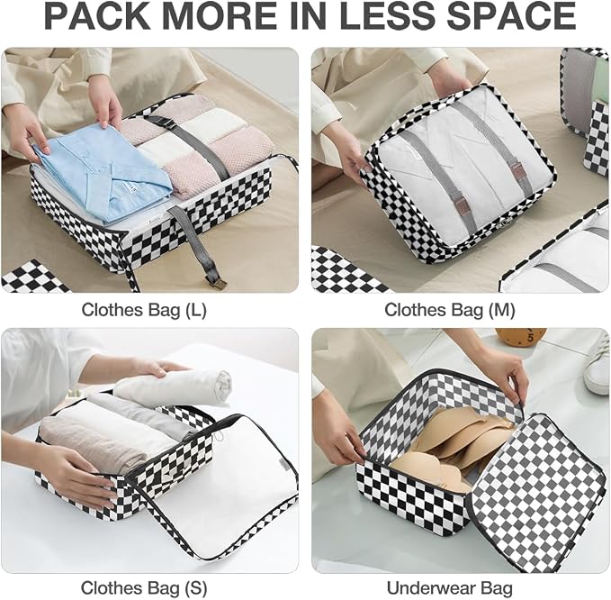 8 Set Packing Cubes for Suitcases,Packing Cube with Shoe, Cosmetics, Clothing, and Accessories Bags Packing Cubes for Travel Luggage Organizer Women Men(Black White Checkered) - Image 4