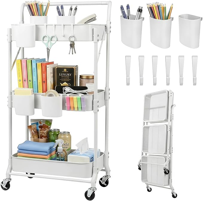 Amatic 3-Tier Folding Rolling Utility Cart with Wheels, Foldable Storage Cart Organizer with 3 Hanging Cups & 6 Hooks for Kitchen, Office, Living Room, Nursery(White) by Amatic