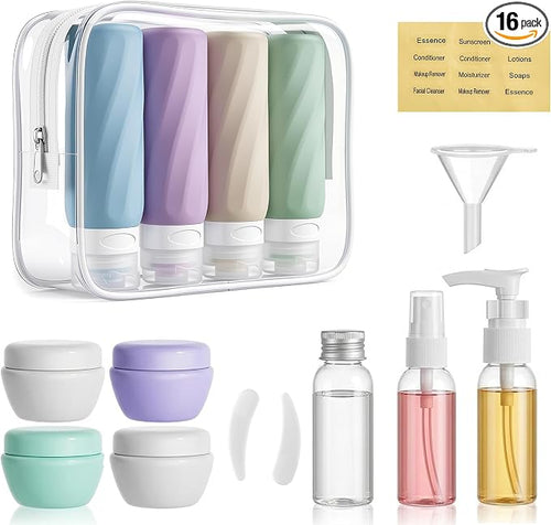 16 Pack Travel Bottles for Toiletries, TSA Approved 3oz Containers | Silicone Travel Size Containers for Shampoo and Conditioner, BPA Free with Toiletry Bag by Xictuwey