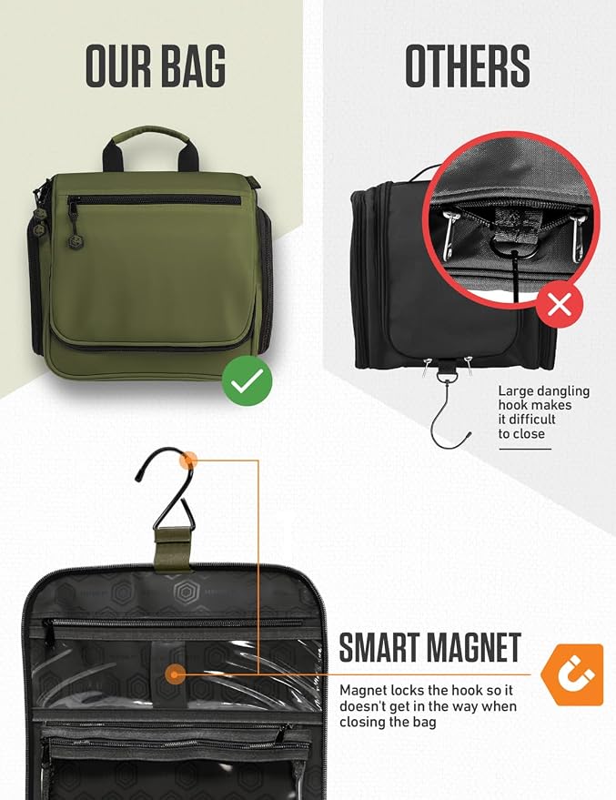 VENTURE 4TH Hanging Travel Toiletry Bag, 18 Compartments - Dark Green | Hangs on rails, hooks or doors; stands upright. Removable TSA pouch. Water-resistant Nylon 290D Twill, reinforced stitching. - Image 6