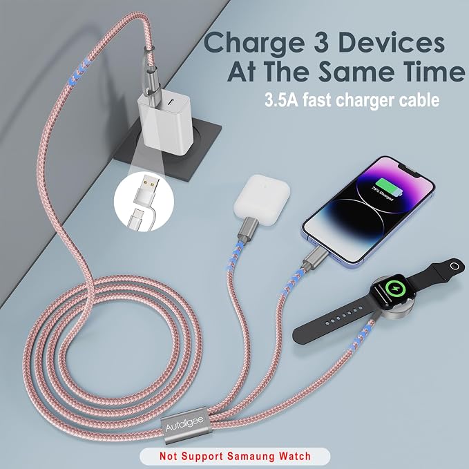 Travel Essentials,Multi Charging Cable for Apple Watch iPhone Charger Pink | 4FT for Airplane Gadgets RV Essentials for iWatch Ultra/10-2/iPhone 17-11/Samsung S25-S20,airPods,Car - Image 5