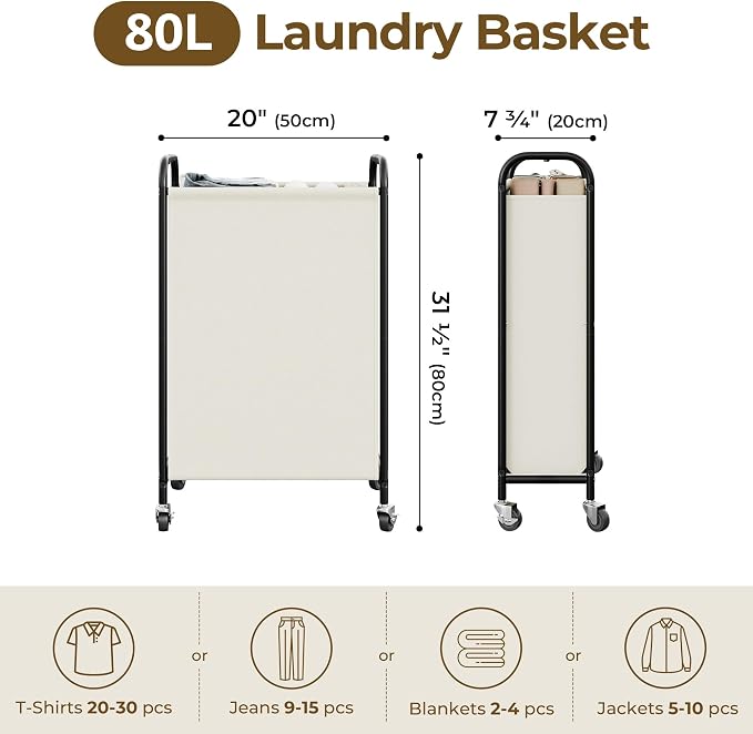 GRANNY SAYS Laundry Hamper, Slim Basket with Wheels and Handles, Beige, 80L | Heavy Duty Metal Frame, Silent Rolling Cart for Clothes in Bedroom, Bathroom, Dorm - Image 2