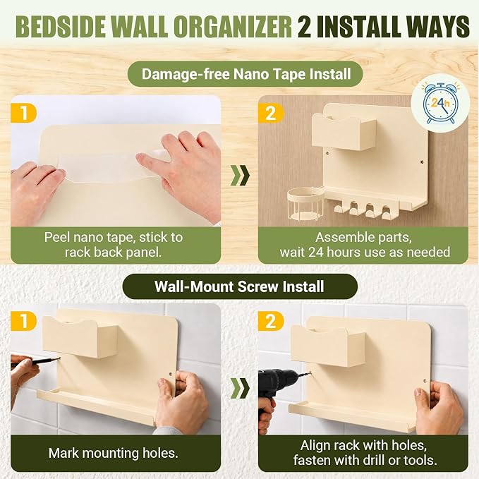 Floating Bedside Wall Shelf, Metal Wall Organizer with Detachable Cup Holde | No Drill Floating Wall Mounted Storage for Bedroom, Dorm, Loft Bed, Bunk Bed & Small Space Organization - Image 6
