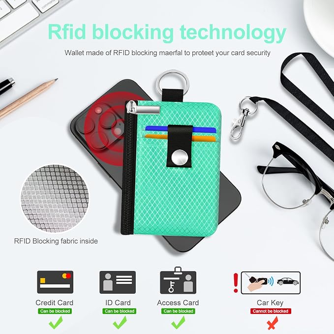 Minimalist RFID Blocking Small Wallet with ID Window,WaterResistant Zip Id Case Wallet with Lanyard Keychain for Cards,Cash,Travel,Women,Men (Mint Green) - Image 4