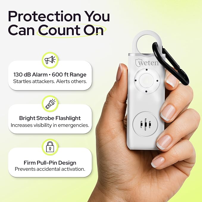 Personal Alarm for Women Safety, 130dB Loud Siren Keychain, TSA Safe, White | USB-C Charging, Carabiner Clip, Low Battery Alert, LED light, Self Defense for Women - Image 2
