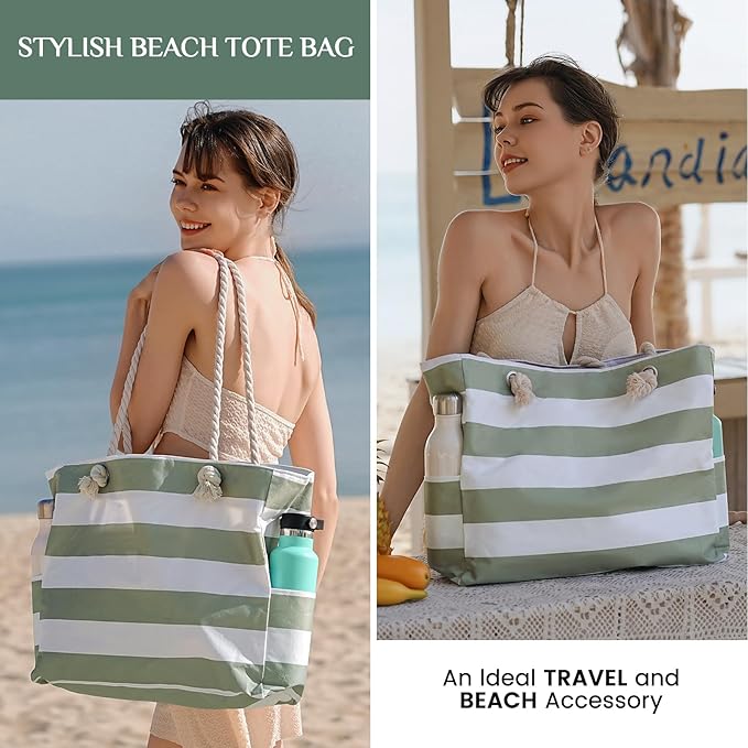 Clothirily Beach Bag for Women, Large Beach Tote Bag Waterproof with Zipper | Large Capacity Swim Pool Bag, Inner Pockets, Sandproof Foldable Beach Tote for Travel Essentials - Image 6