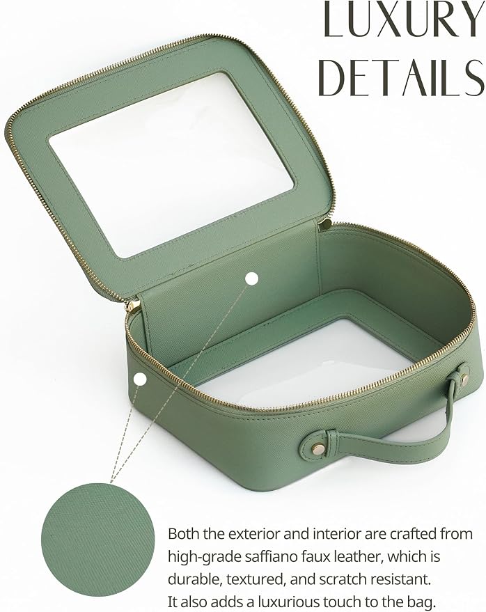 Clear Makeup Bag Mahjong Tile Bag with Zipper and Handle Sage Green | Structured Large Travel Makeup Bag for Toiletries for Women, Big Long-trip Cosmetic Case, Waterproof PU Leather, Wide Opening - Image 4