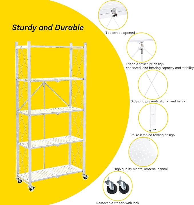 BRIAN & DANY 5-Tier Foldable Storage Shelves with Wheels, Folding Metal Rack Shelving Unit, Heavy Duty No Assembly Organizer Shelf for Garage, Kitchen, Basement, Pantry, White - Image 4
