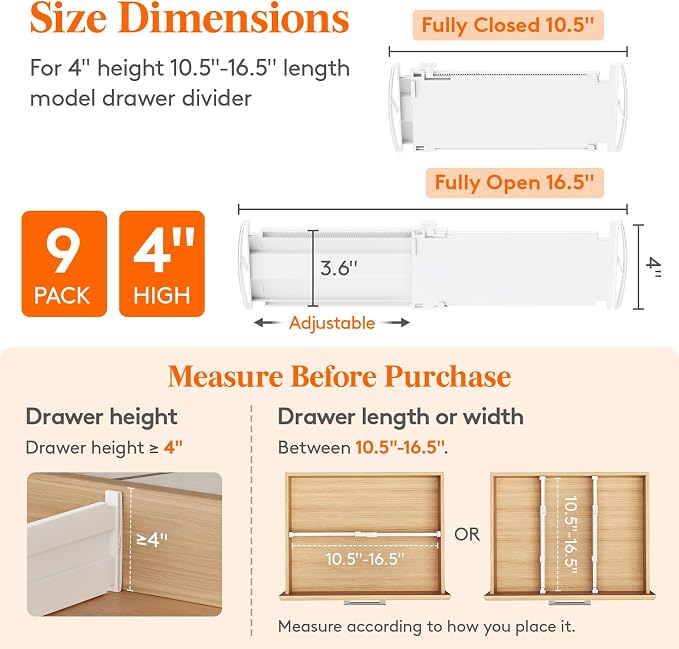 Lifewit 9 Pack 4" High Drawer Dividers, Adjustable Drawer Organizer Clothes | 10.5"-16.5" Expandable White Plastic Separators for Dresser, Kitchen, Cabinet, Nursery, Office, Socks & Underwear Storage - Image 2