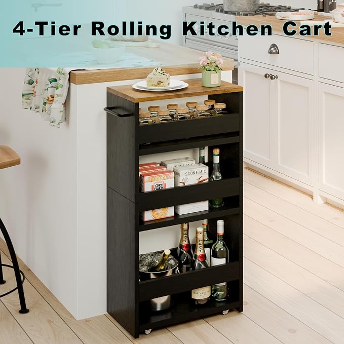MARTY Slim Rolling Storage Cart 7.9" W Laundry Cart with Wheels,Brown+Black | Narrow Utility Cart Between Washer and Dryer, 3 Tier Mobile Shelving Unit for Kitchen, Laundry, Bathroom, Office, Living Room - Image 5