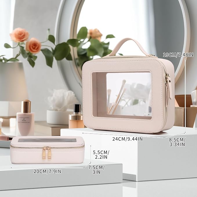 Pinkmik Clear Makeup Bag with Brush Bag, (Beige, L+SLIM) | 2pcs, Waterproof, Travel Case for Cosmetics and Toiletries, Women's Cosmetic Organizer, with Zipper - Image 3