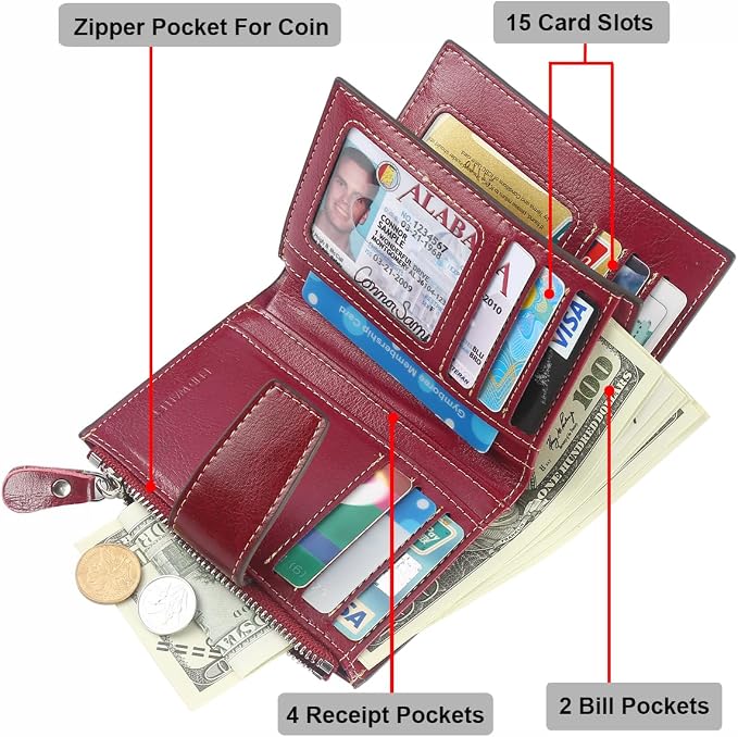 Small Compact Women Wallet RFID Blocking Genuine Leather Bifold Purse with ID Windows - Image 4