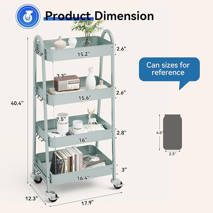 OLIXIS Metal 4 Tiers Rolling Storage Utility Cart with Lockable Wheels | Mobile Organizer Shelf, Space-Saving, Freestanding, Bathroom, Living Room, Slim, Narrow Corner Spaces, Green - Image 4