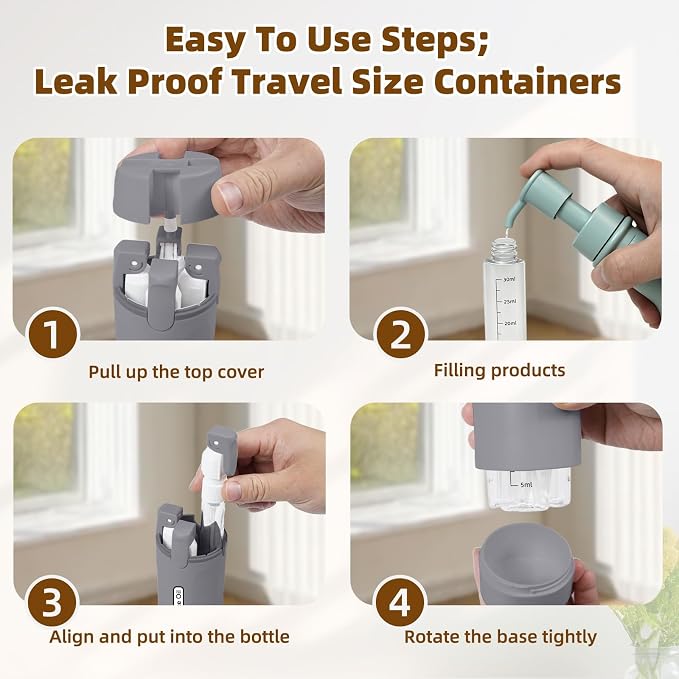 4 in 1 Travel Dispenser Bottle,4 Pack 30ML Travel Bottles for Toiletries, Leak Proof Travel Size Containers (Grey) - Image 5