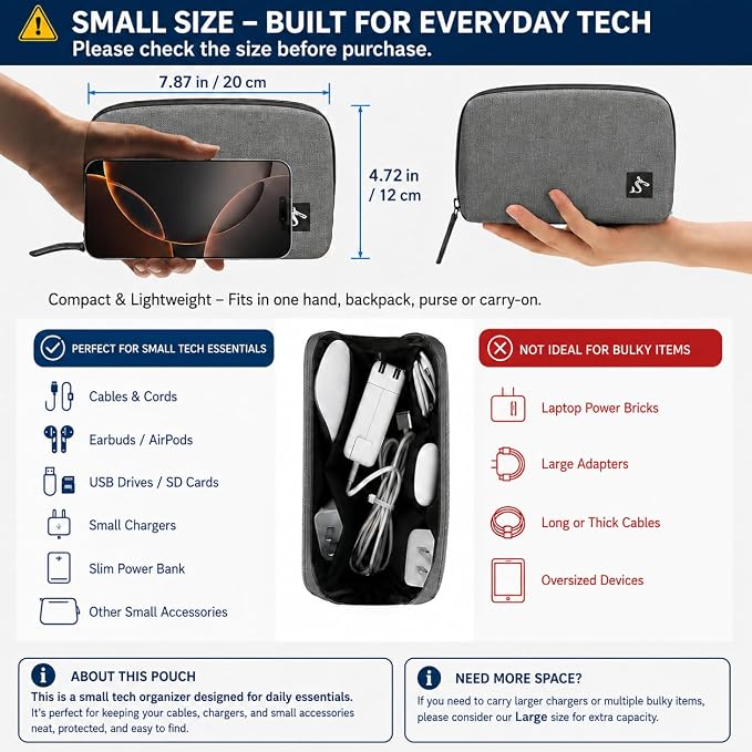 Small Electronics Organizer Travel Case, Cord and Cable Tech Bag Pouch | Compact soft tech Bag pouch for cables cords chargers earbuds and slim power bank water-resistant for travel, cruise and work - Image 3