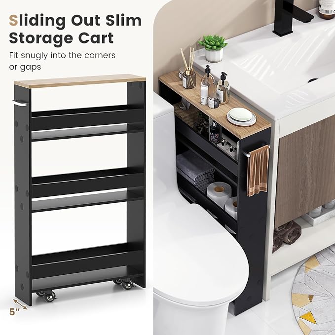 COSTWAY Slim Rolling Storage Cart, 4-Tier Rolling Utility Cart, Wood Kitchen Storage Cart with Handle & Wheels, Narrow Rolling Shelving Unit for Kitchen Bathroom Laundry Small Places (Dark) - Image 5