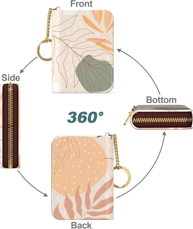 Nipichsha Credit Card Holder, Small RFID Card Wallet for Women, Slim Leather Card Holder Wallet, Credit Card Wallet Organizer, Pocket Business Card Case with Zipper & Keychain, Abstract Art Leaf - Image 2