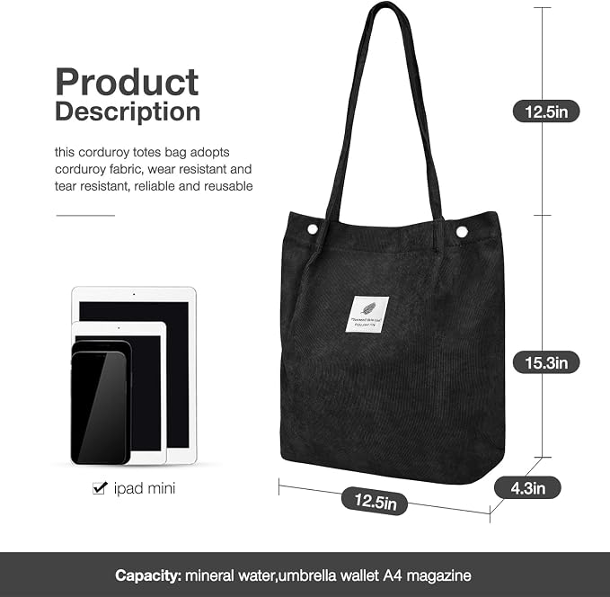 LHMTQVK Corduroy Tote Bags for Women, Large Capacity Tote Purse Reusable Grocery Shoulder Bag with Inner Pockets - Image 3
