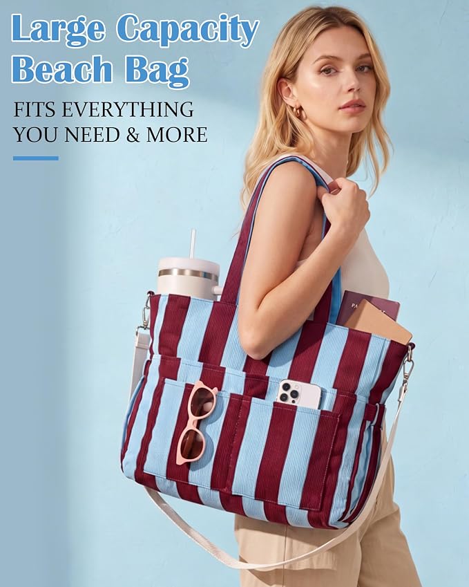 Kacctyen Striped Beach Tote Bag for Women Large Beach Foldable Tote Bag with Zipper Pockets for Travel Pool - Image 4