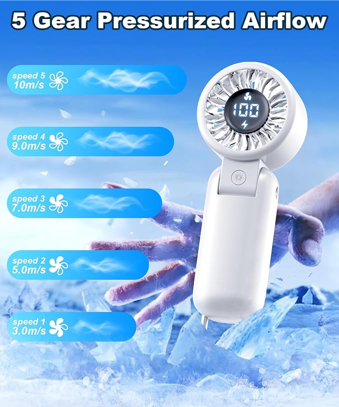 BEYYON Portable Handheld Turbo Fan, Travel Essentials, Gifts for Women/Men | LED Display, 5-Speed, Powerful Airflow, USB Rechargeable, Lanyard, Foldable Personal Fan for Cruise, Beach, Vacation - Image 5
