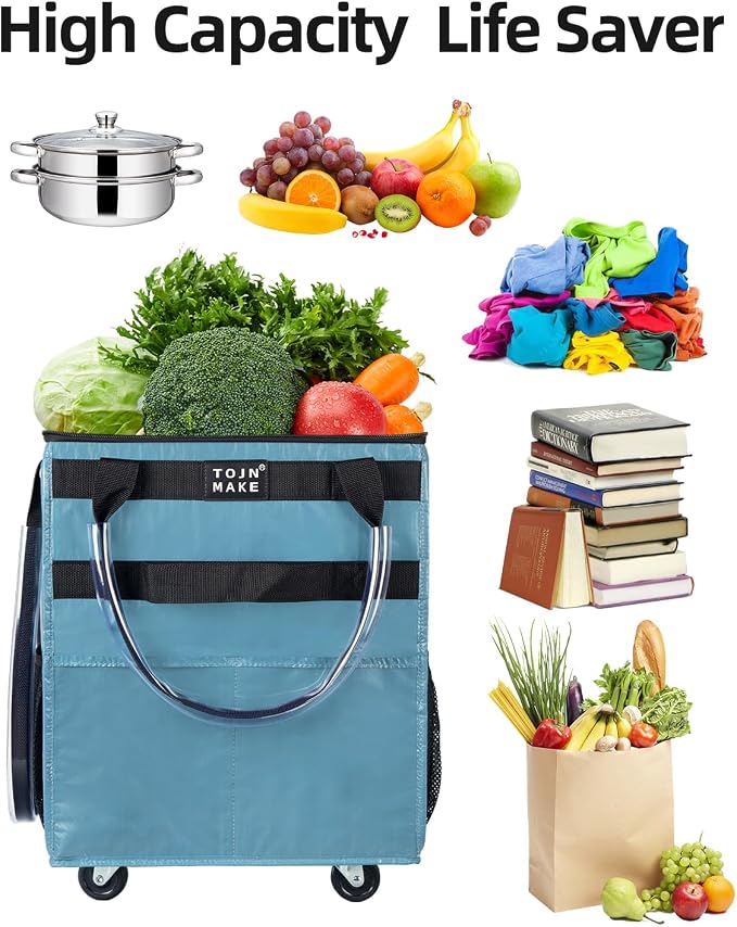 Reusable Grocery Bag on Wheels, Rolling Tote, 46 LBS, Small | Shopping bag on Wheels, 8 Pockets, Zipper Cover, Foldable, Heavy Duty Handles, Blue - Image 3