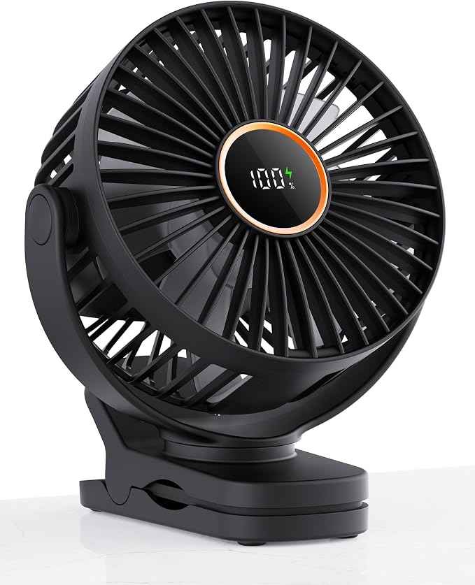 TUNISE Mini Clip on Fan, Battery Operated Desk Fan, Digital display，3 Speeds Adjustable, Bidirectional 360 ° Adjustable, Super Strong Wind, Portable Fan for Home Office Stroller Camping Black by TUNISE